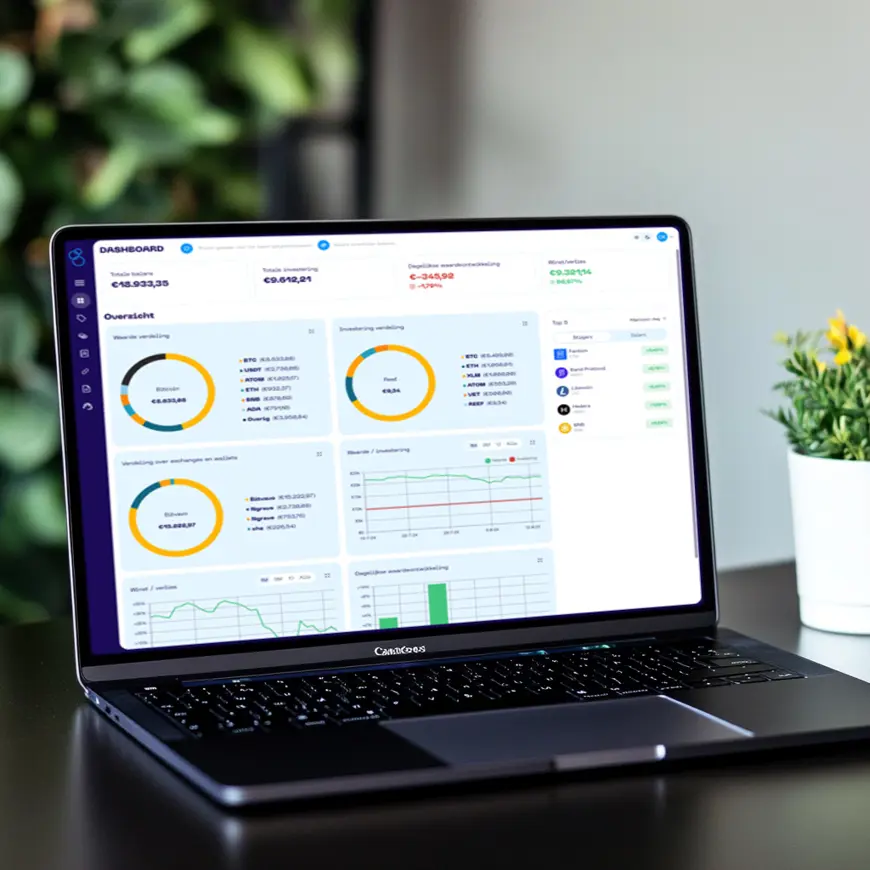 Een laptop met het dashbord van de Portfolio App