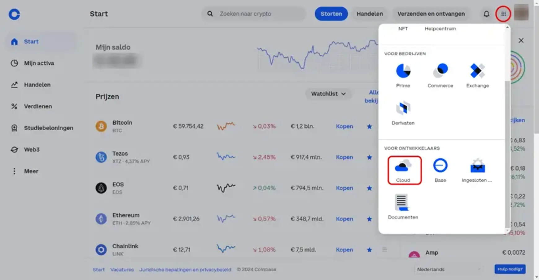 Screenshot van Coinbase met een aanwijzing voor profiel en cloud
