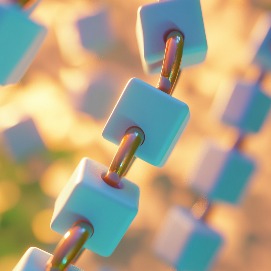 Een licht gekleurde representatie van een blockchain van lichte blokken en koper gekleurde ketting delen.