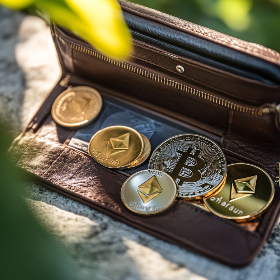 Crypto munten die op een opengeklapt portomonee liggen.