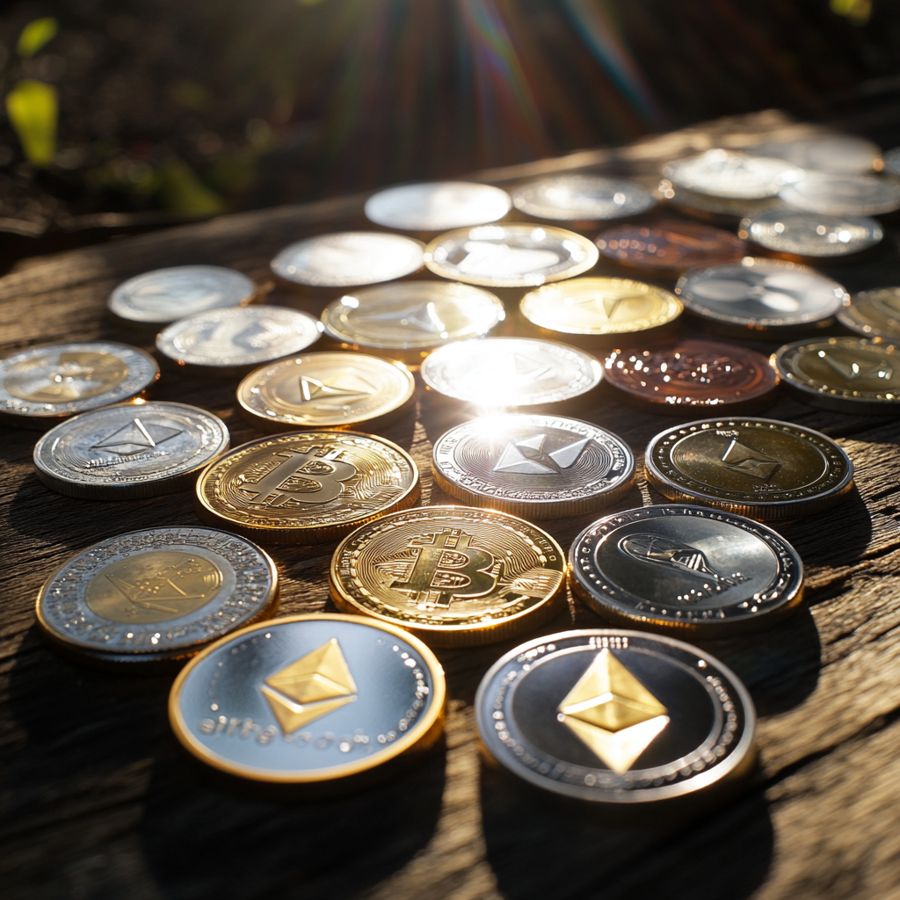 Veel crypto munten op een tafel.
