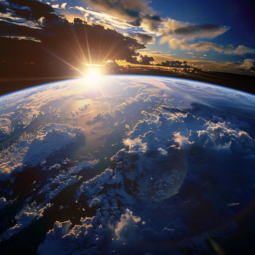 Een foto van de wereld genomen vanuit de ruimte waarbij de zon opkomt.