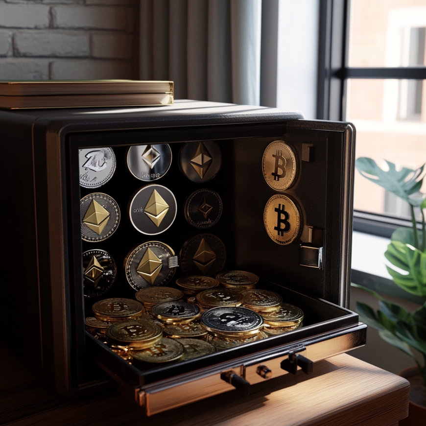 Een geopende kluis met daarin verschillende crypto munten
