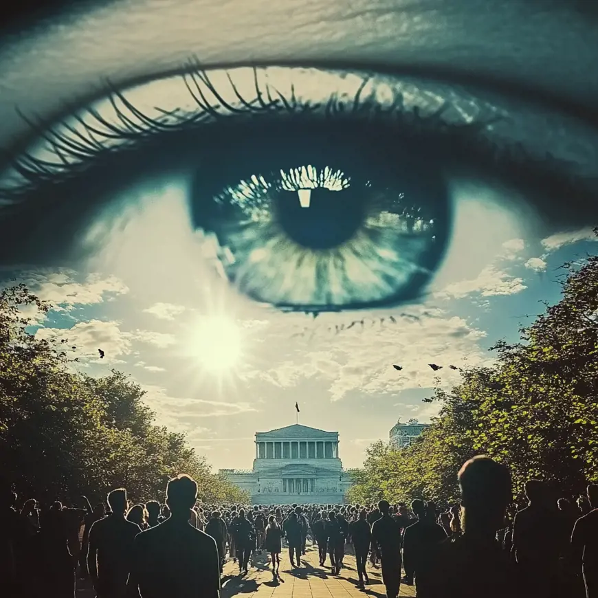 Een groep mensen voor een overheidsgebouw met een grote ook in de hemel