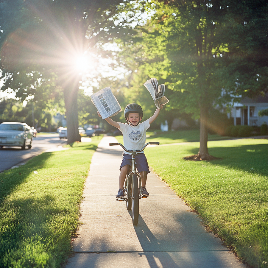 Een glimlachende jongen op een fiets die kranten in zijn handen heeft