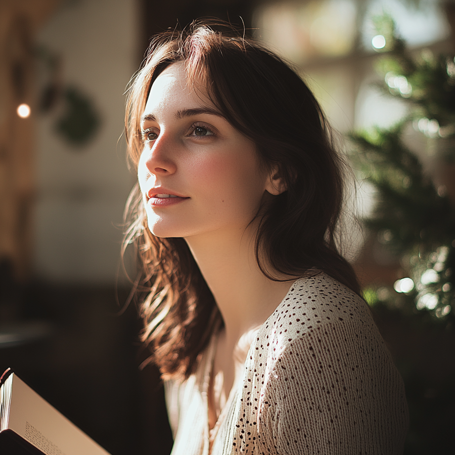 Vrouw in haar 30s geniet van een heldere scene, vastgelegd met een Canon camera