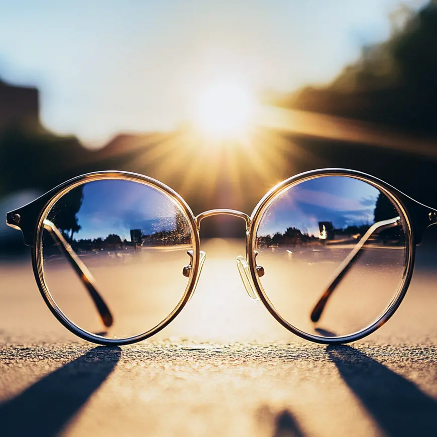 Een bril op de grond met de zon in de achtergrond.
