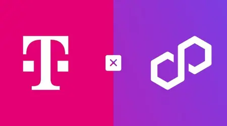 Logo van Deutsche Telekom naast het logo van Polygon, gescheiden door een kruisicoon, op een roze en paarse achtergrond.
