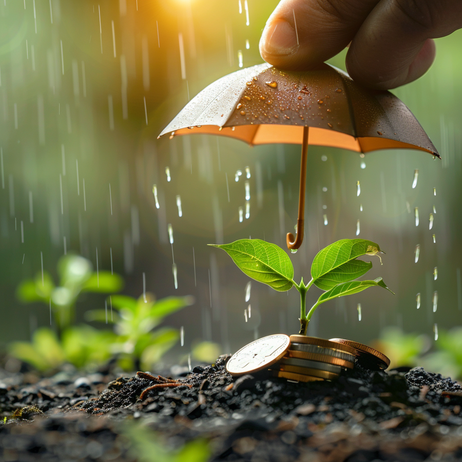 Een hand die een paraplu houdt boven munten en een groeiende plant, met regendruppels op de bladeren op de achtergrond.