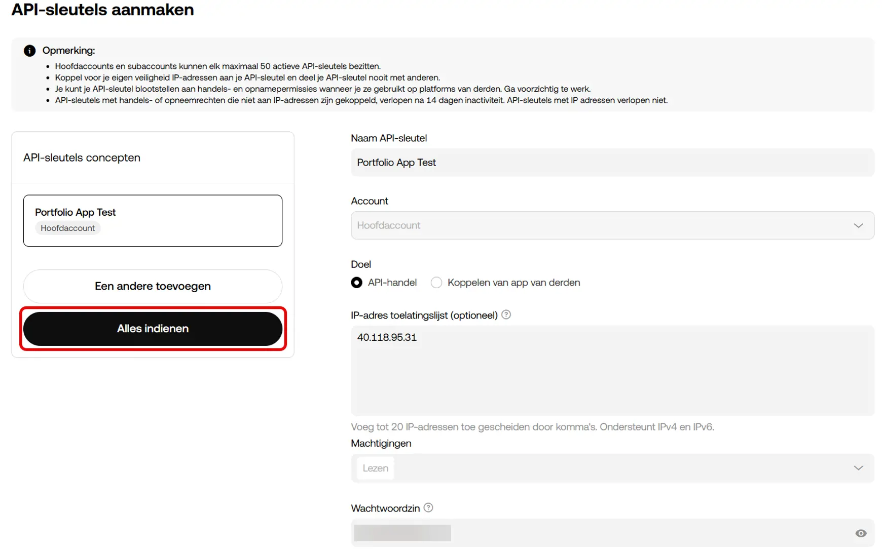 Het interface van OKX met een aanduiding voor het invullen van de gegevens voor een API sleutel