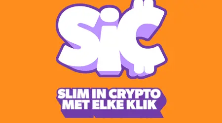 Slim in crypto logo op een oranje achtergrond met de tekst slim in cyrpto met elke klik eronder