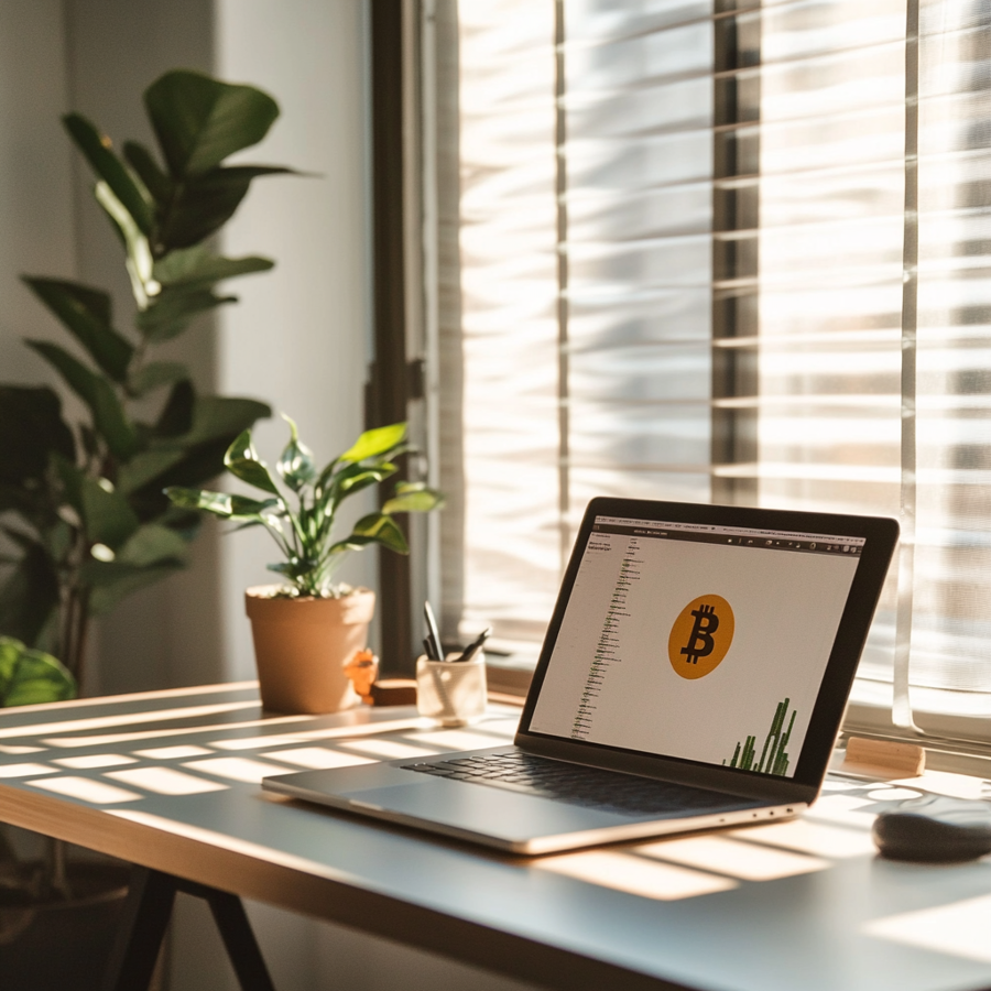 Een laptop op een buro met een bitcoin logo op het scherm