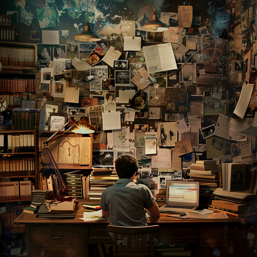 Een persoon zit aan hun bureau, omringd door verspreide papieren en foto’s aan de muur achter hen.