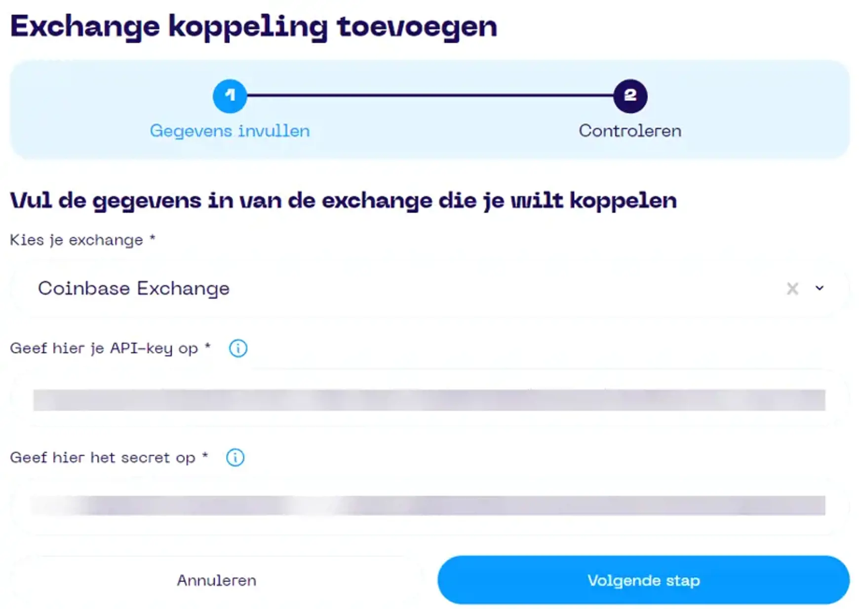 Een screenshot van de Portfolio App met schermonderdeel aanwijzingen voor koppelen van Coinbase stap 1