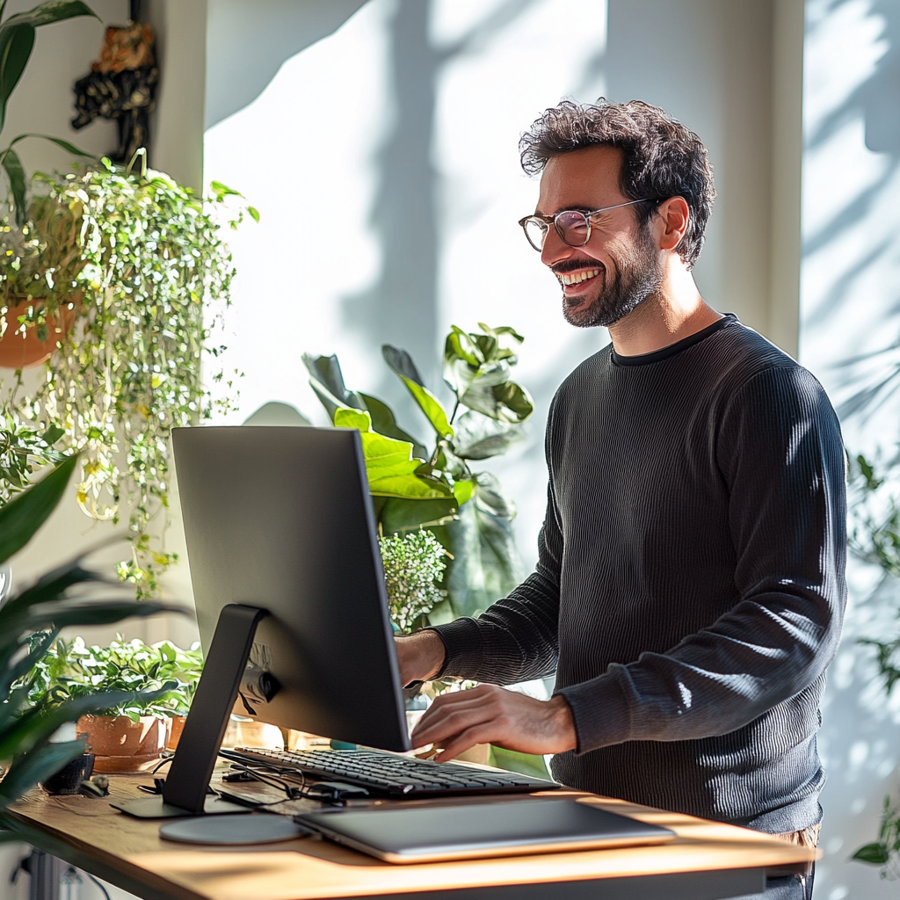 Een man in de dertig, die achter een computer staat, glimlachend.