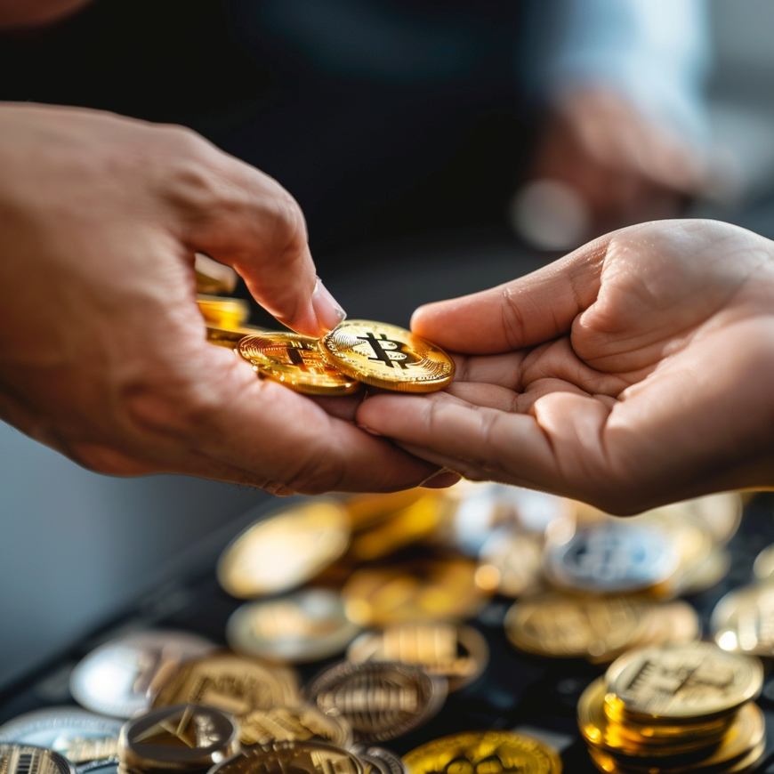 Handen die crypto kopen.