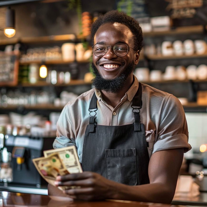Een man die Amerikaanse dollarbiljetten vasthoudt bij de toonbank van zijn koffiezaak, draagt een schort en bril, heeft kort donker haar en een baard, en lacht terwijl hij geld telt.