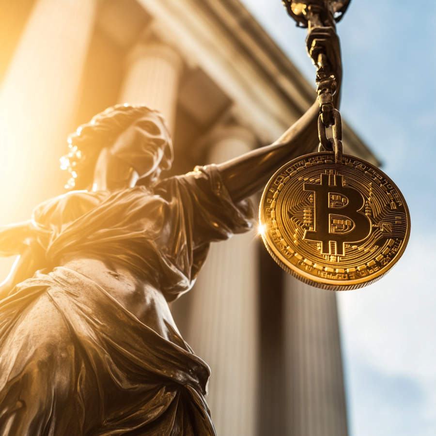 Helder verlichte scène over cryptoregulering, met symbolen van wetten en valuta in zonnige omgeving