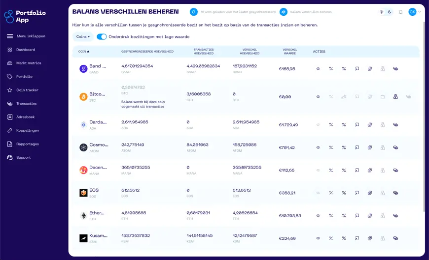 Een screenshot van de Portfolio App met een overzicht van het balans verschillen beheren scherm.