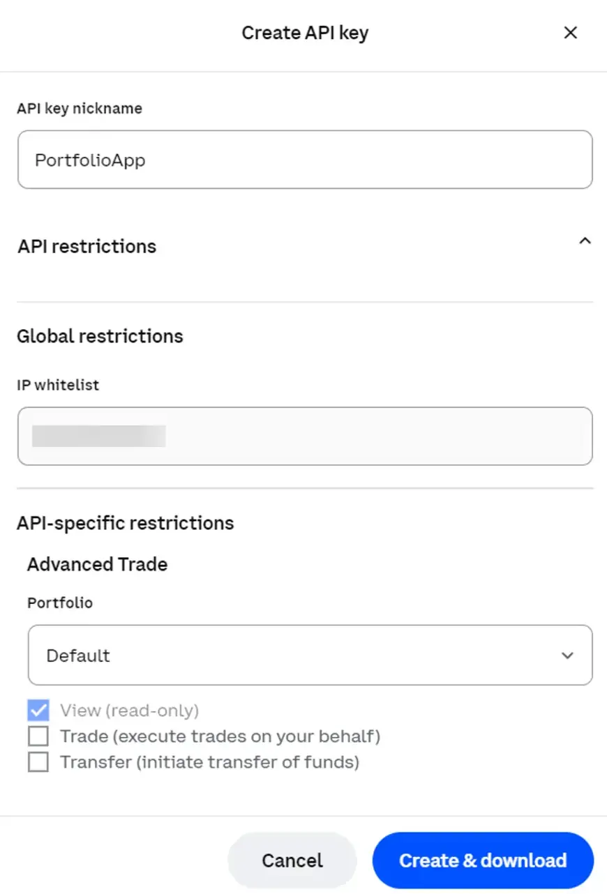 Screenshot van Coinbase met een aanwijzing voor instellen van de api sleutel