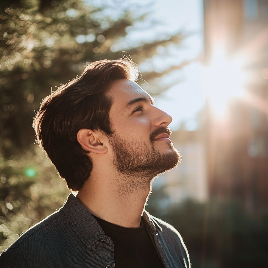 Een man in de dertig met een baard in een donkere jas en zwart t-shirt die naar rechts boven kijkt.