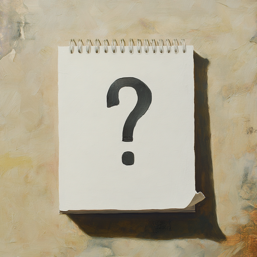 Een notieblok met daarom een vraagteken geschreven