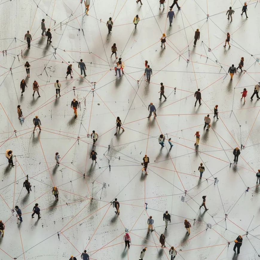 Fotorealistische afbeelding die decentralisatie symboliseert, met verbonden netwerken en technologie.